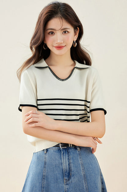 T11 コントラストストライプニットTシャツ