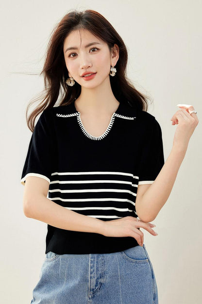 T11 コントラストストライプニットTシャツ