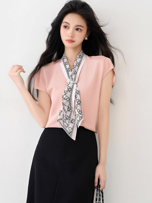 Vネックプリントシルクスカーフシフォンシャツ