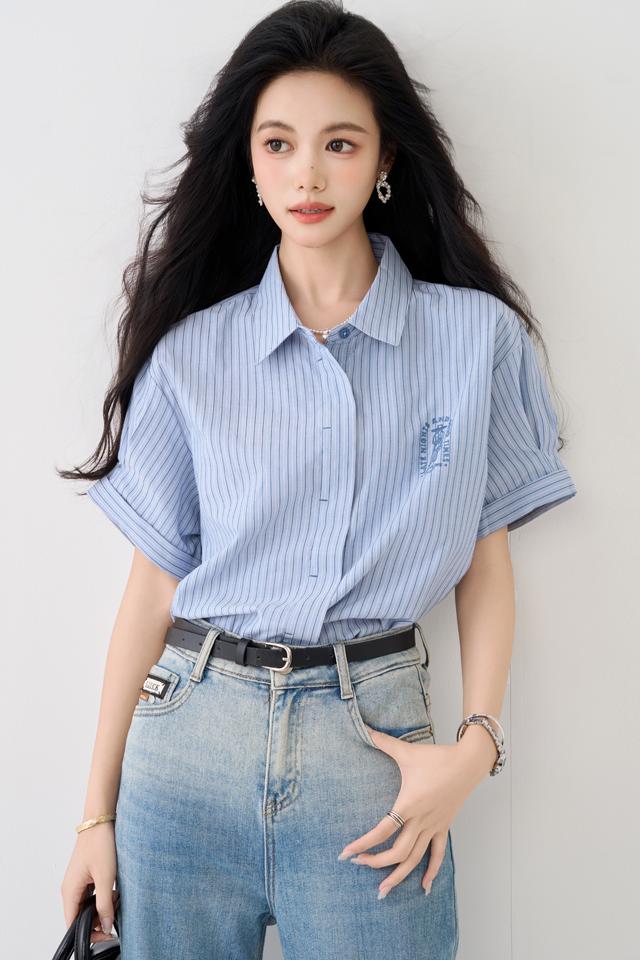 フレンチブルーカジュアルシャツトップ