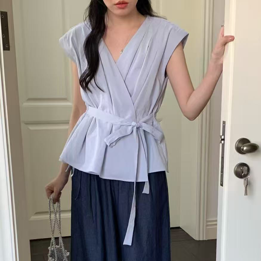 S1 Vネックデザインの韓国夏かっこいいシャツ