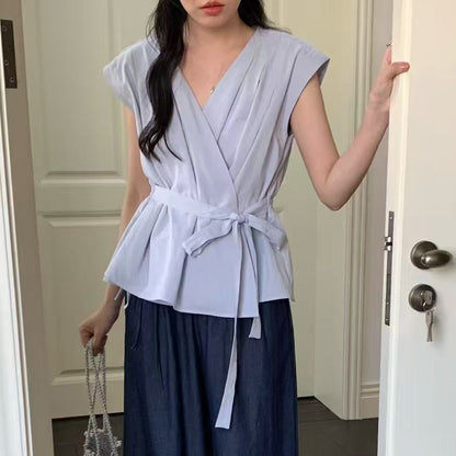 S1 Vネックデザインの韓国夏かっこいいシャツ