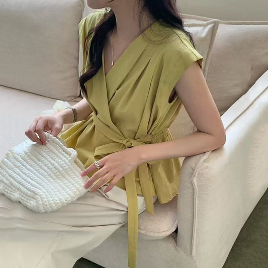 S1 Vネックデザインの韓国夏かっこいいシャツ