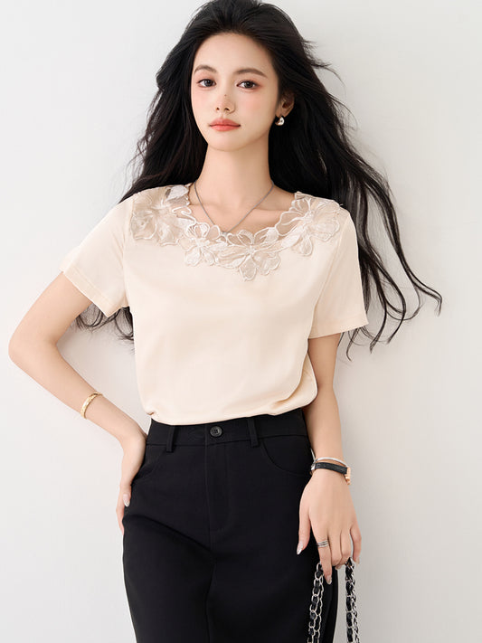 ラウンドネックマルベリーシルクレースTシャツ