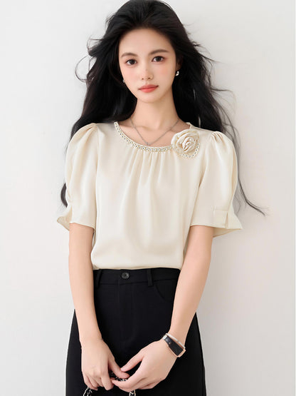 ラウンドネックビーズデザインシャツ