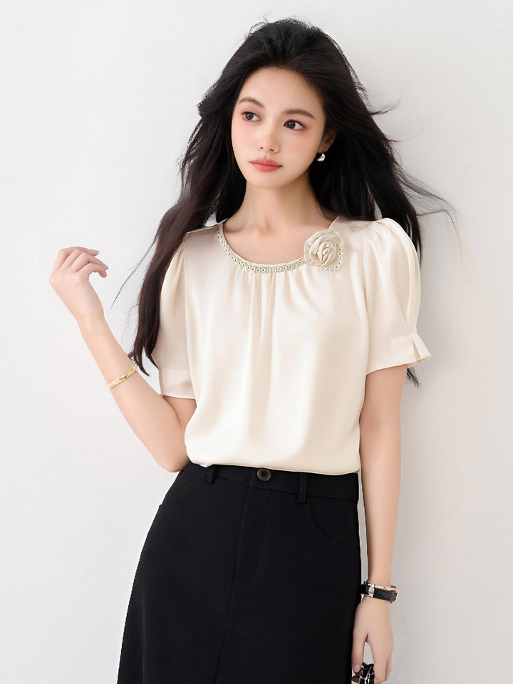 ラウンドネックビーズデザインシャツ