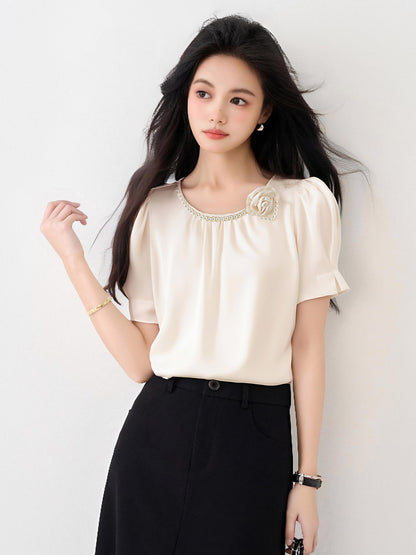 ラウンドネックビーズデザインシャツ