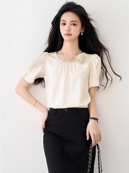 ラウンドネックビーズデザインシャツ