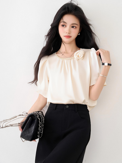 ラウンドネックビーズデザインシャツ