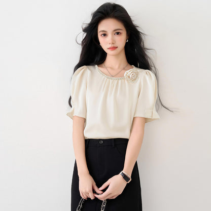 ラウンドネックビーズデザインシャツ