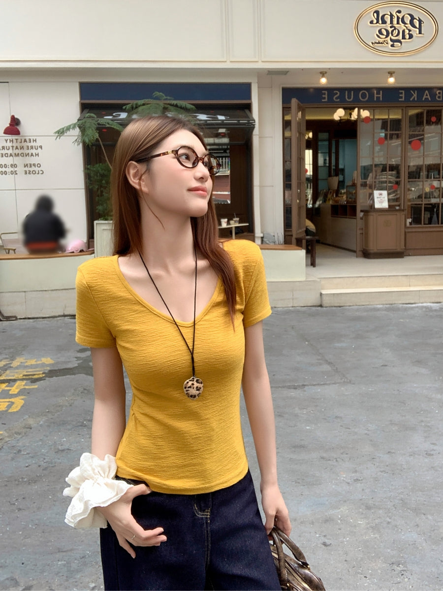 イエローショルダー Vネック半袖Tシャツ