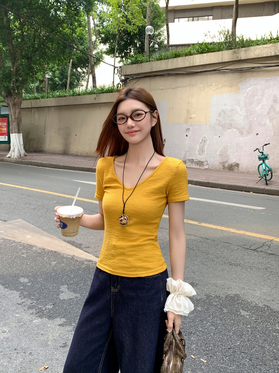 イエローショルダー Vネック半袖Tシャツ