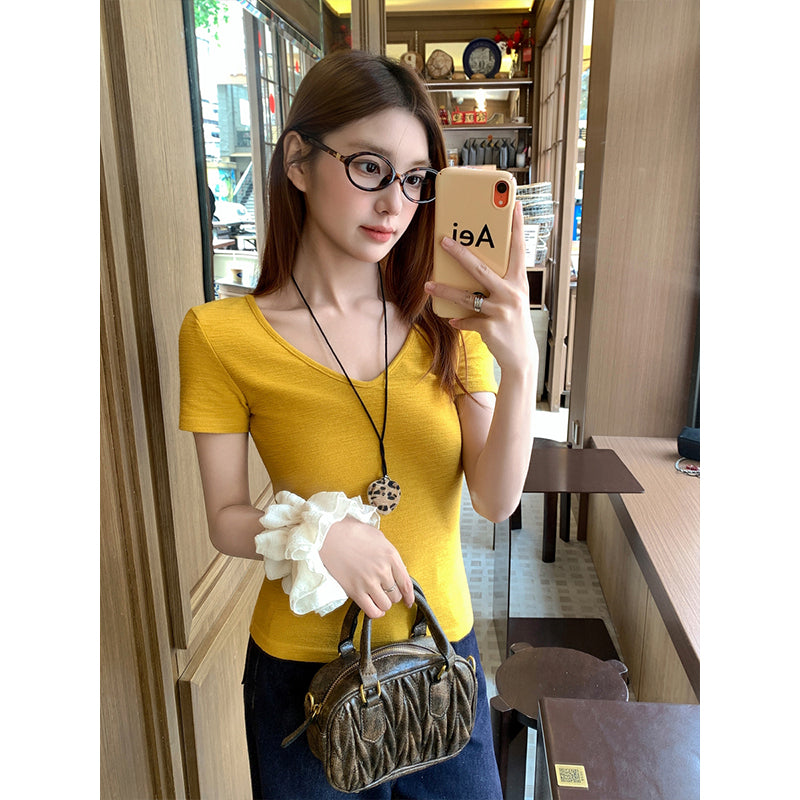 イエローショルダー Vネック半袖Tシャツ