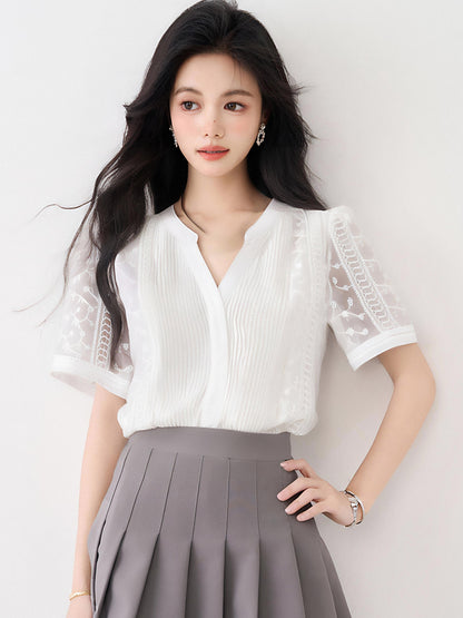 フレンチスタイル Vネック半袖シャツ