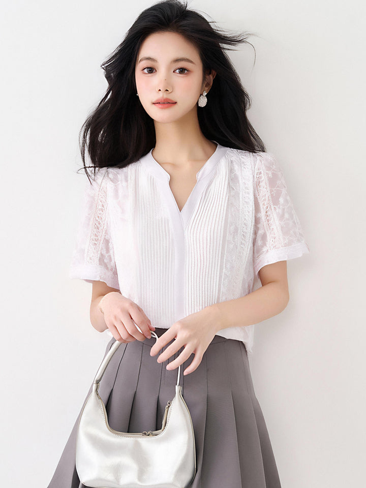 フレンチスタイル Vネック半袖シャツ