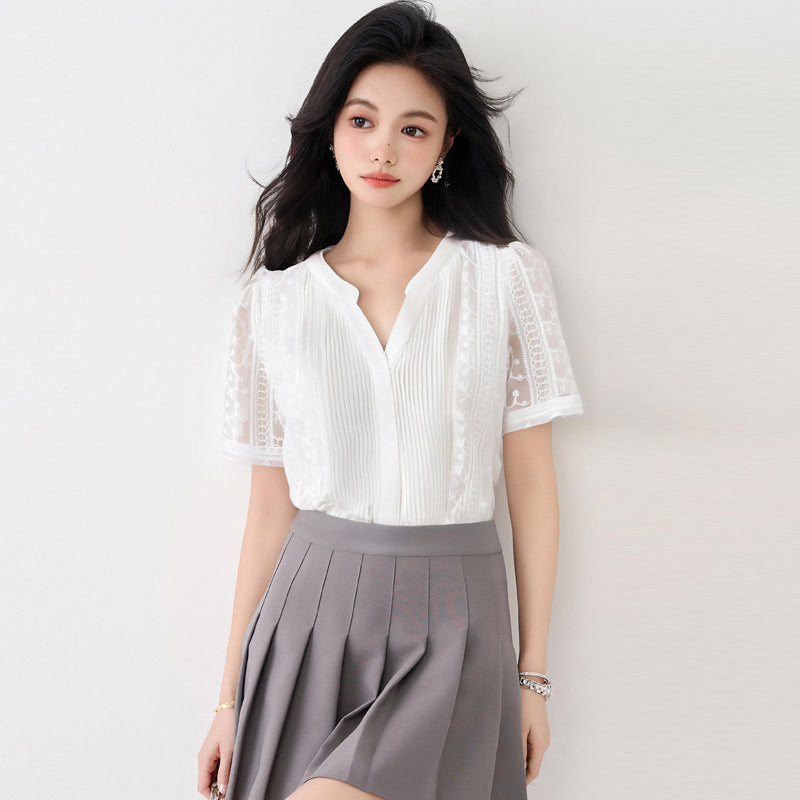 フレンチスタイル Vネック半袖シャツ