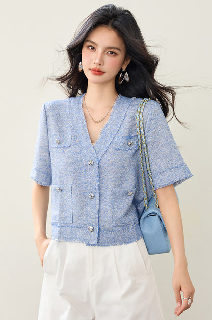 Vネックプルオーバーブルー起毛トップ