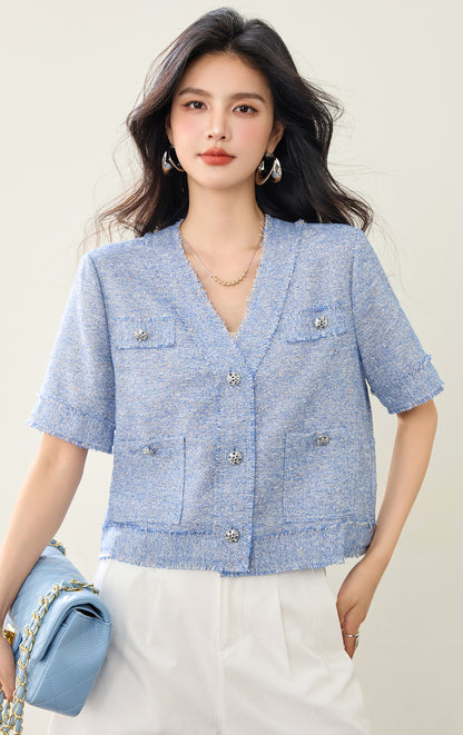 Vネックプルオーバーブルー起毛トップ