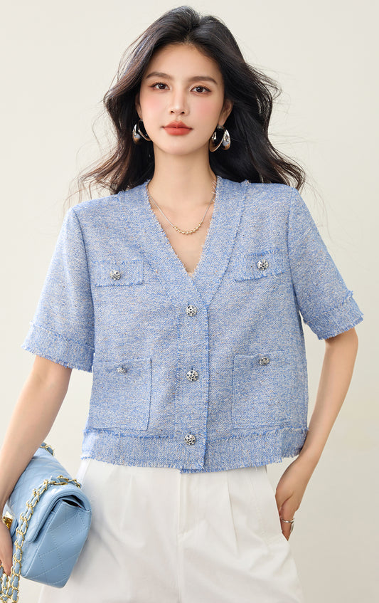 Vネックプルオーバーブルー起毛トップ