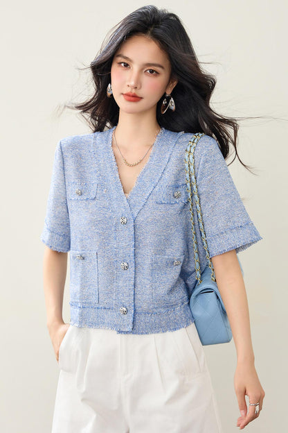 Vネックプルオーバーブルー起毛トップ