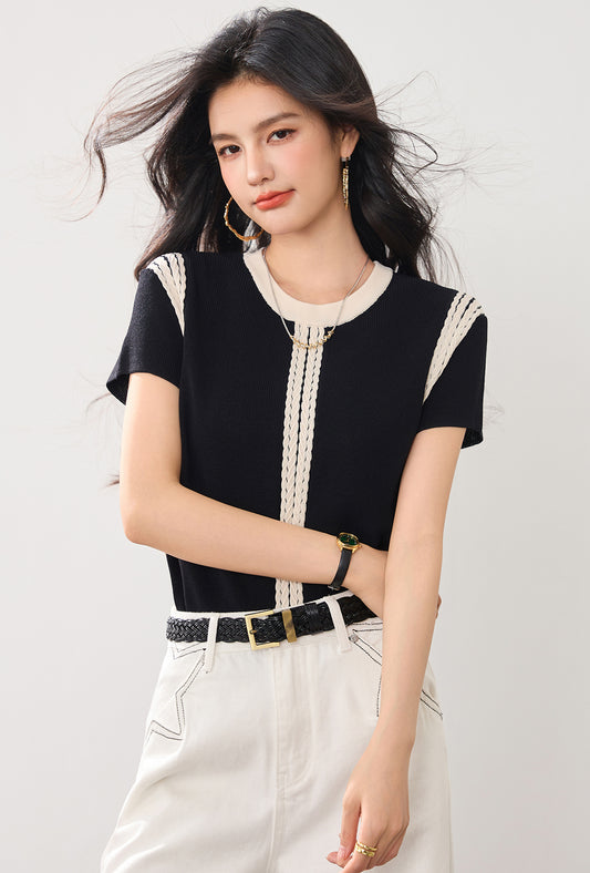 コントラストカラースリム半袖セーター