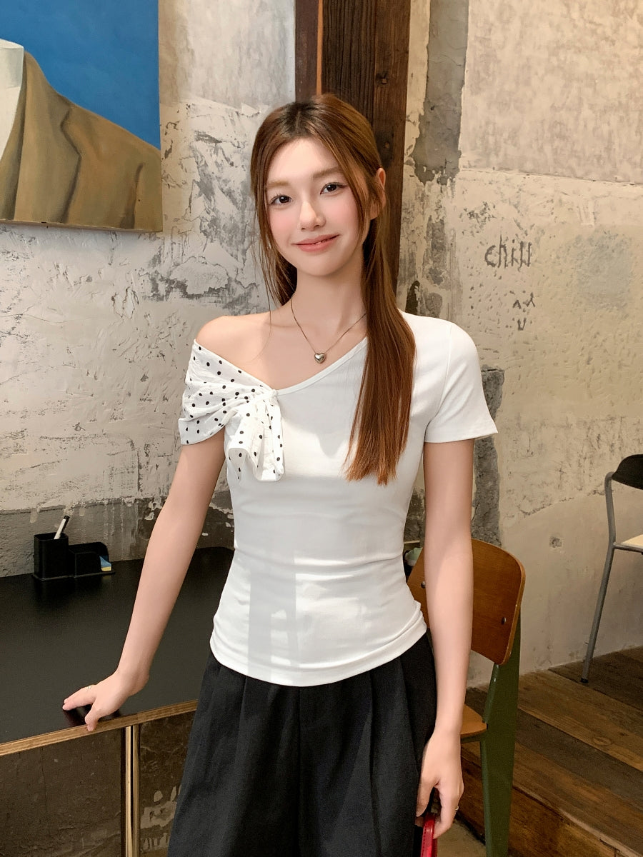 水玉ショール斜め襟半袖Tシャツ