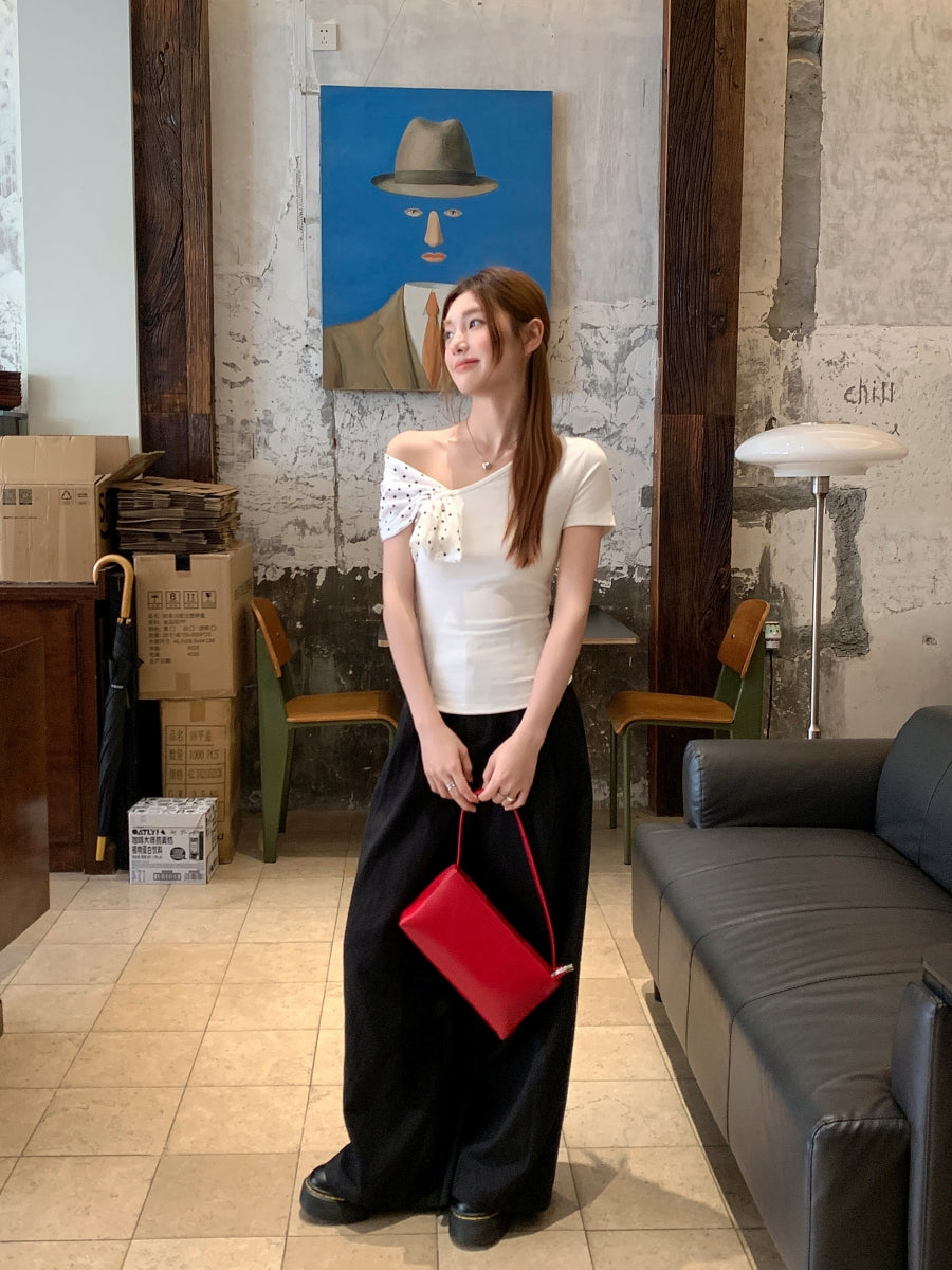 水玉ショール斜め襟半袖Tシャツ