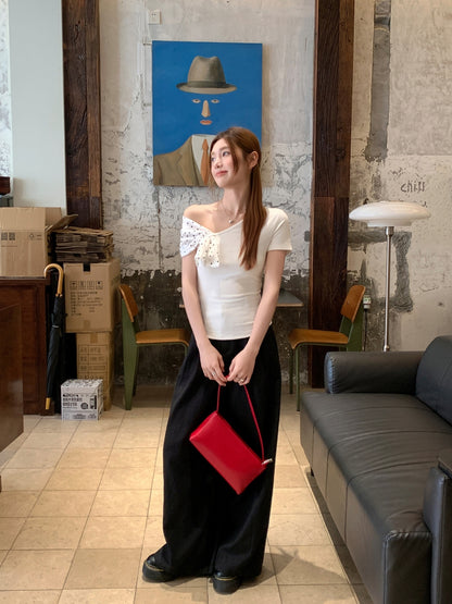 水玉ショール斜め襟半袖Tシャツ