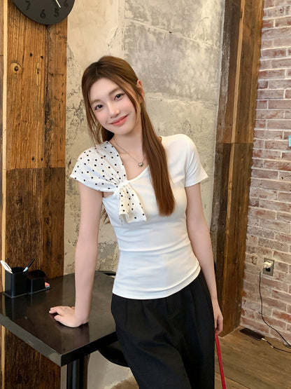 水玉ショール斜め襟半袖Tシャツ