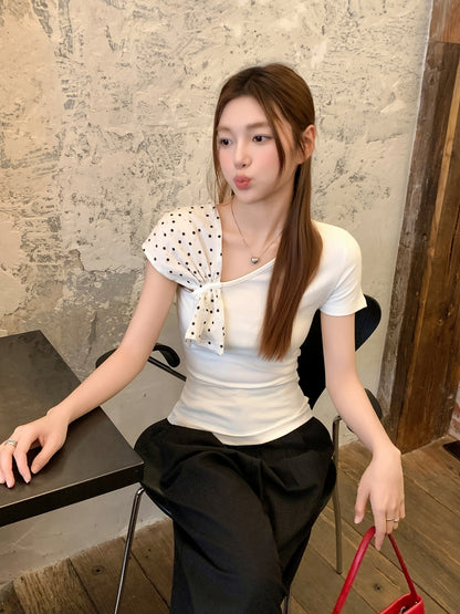 水玉ショール斜め襟半袖Tシャツ