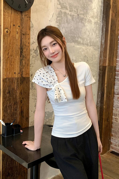 水玉ショール斜め襟半袖Tシャツ