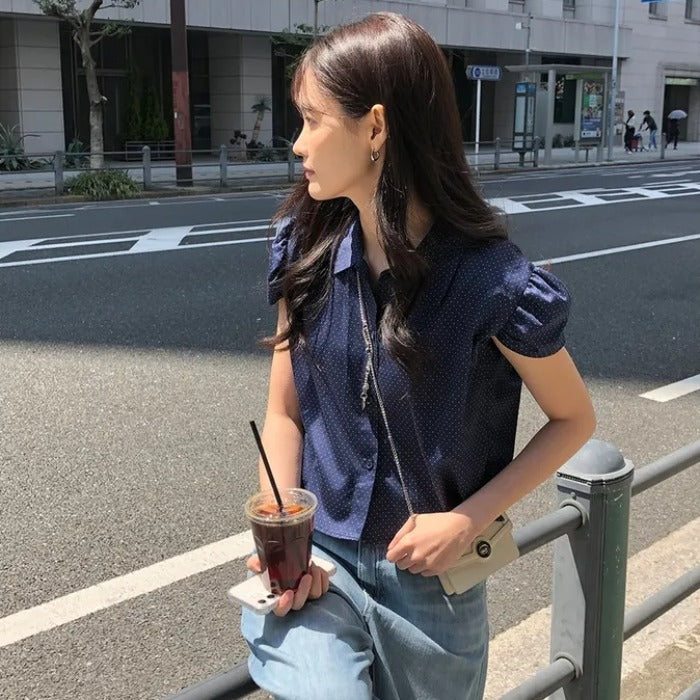パフスリーブポルカドットシャツトップ