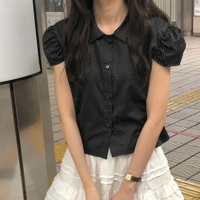 パフスリーブポルカドットシャツトップ