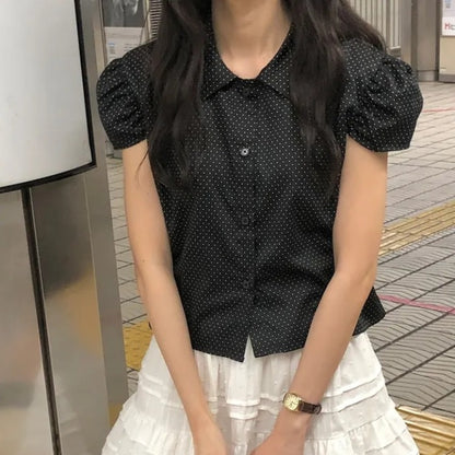 パフスリーブポルカドットシャツトップ