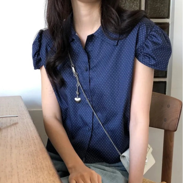 パフスリーブポルカドットシャツトップ