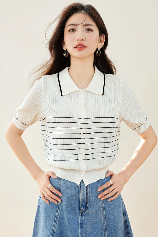 ストライプラペルコントラストセーター