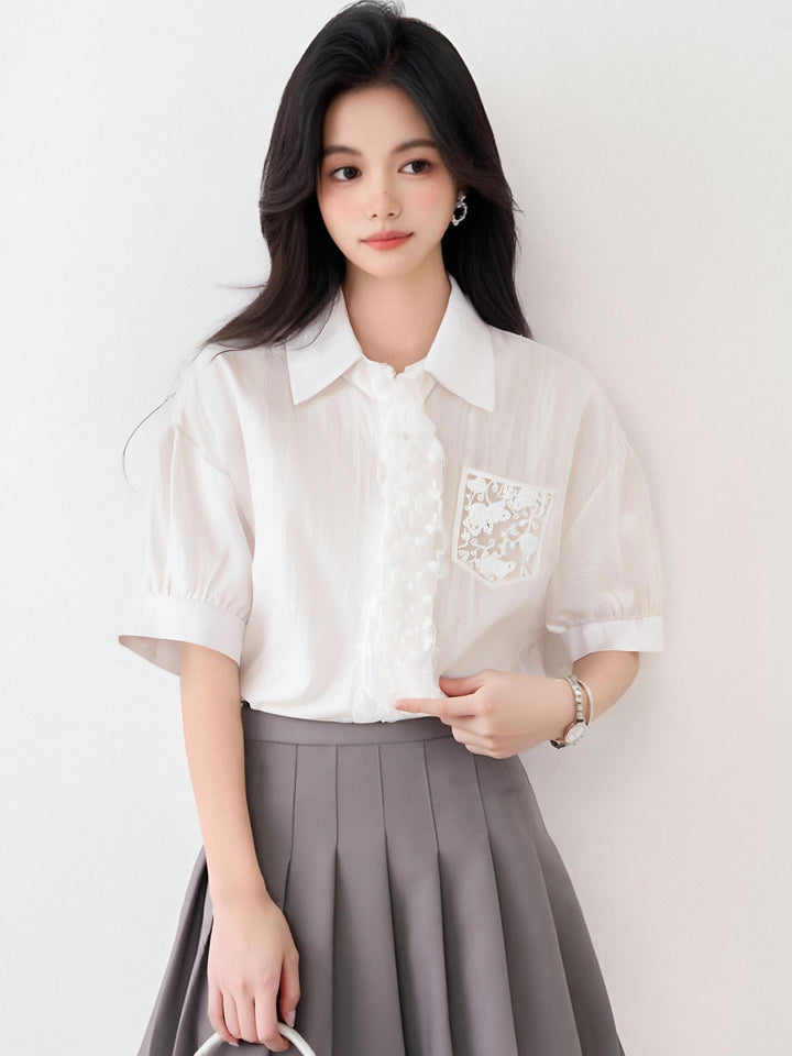 フランス製レースアップ半袖シャツ