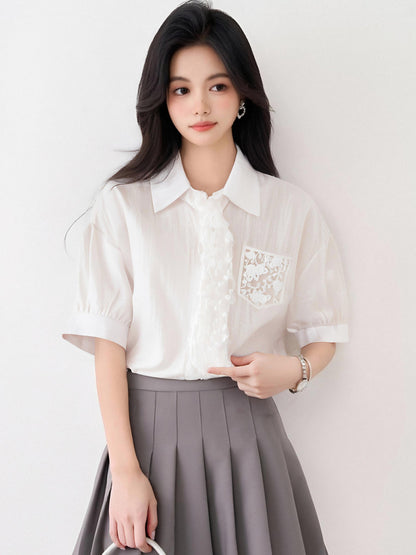 フランス製レースアップ半袖シャツ