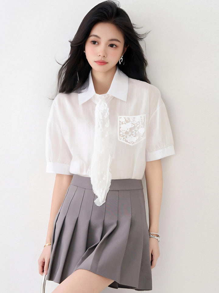 フランス製レースアップ半袖シャツ