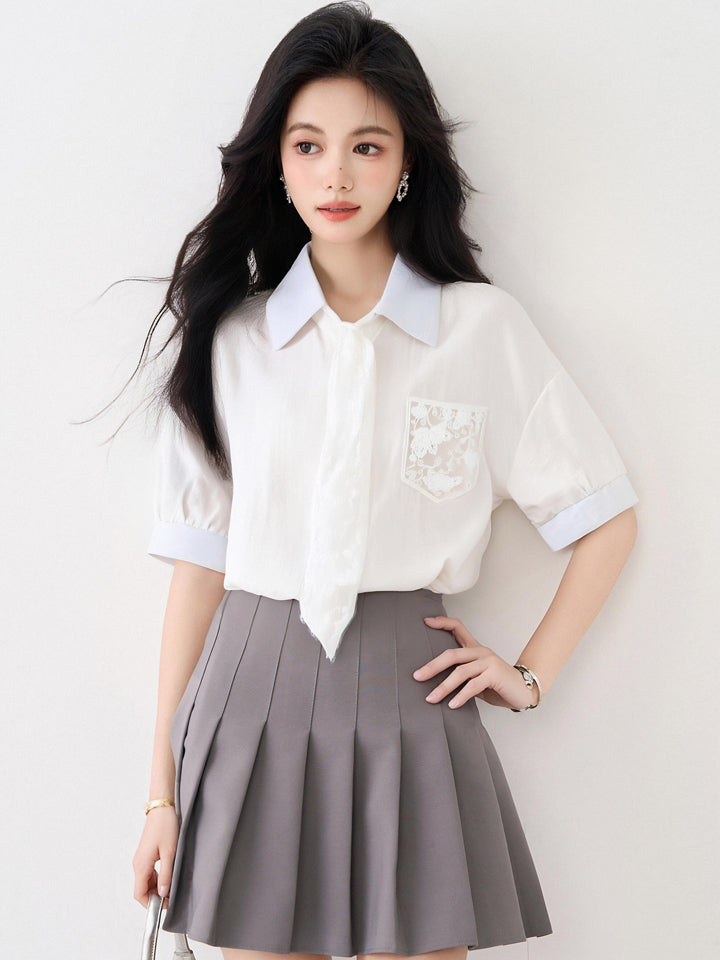 フランス製レースアップ半袖シャツ