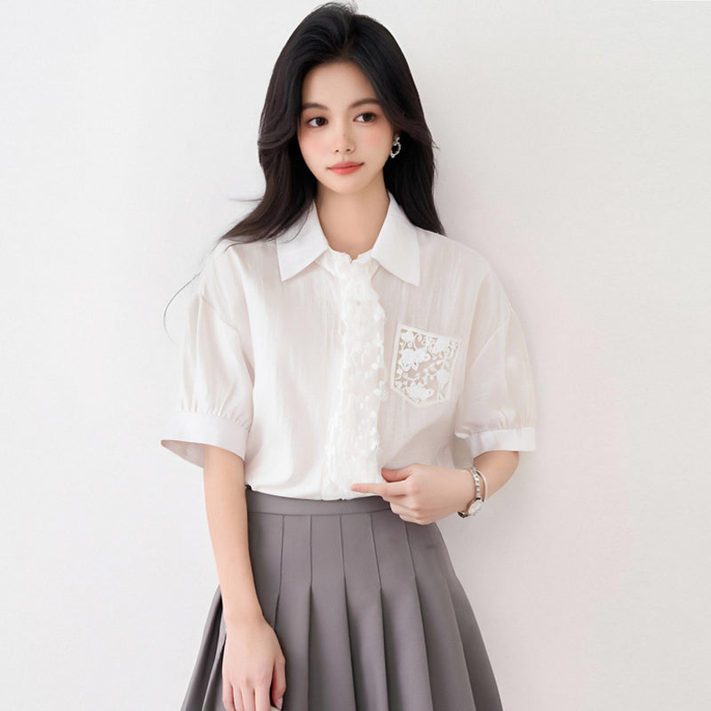 フランス製レースアップ半袖シャツ