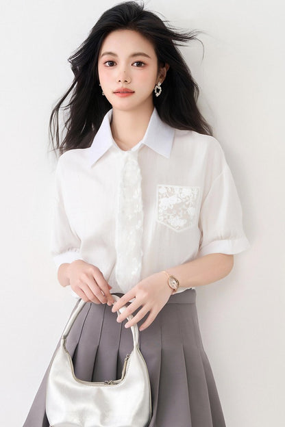 フランス製レースアップ半袖シャツ