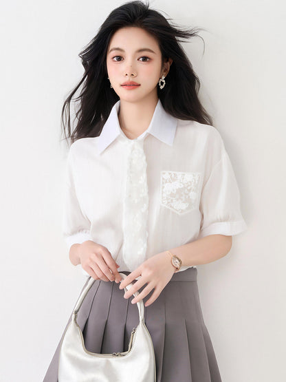 フランス製レースアップ半袖シャツ