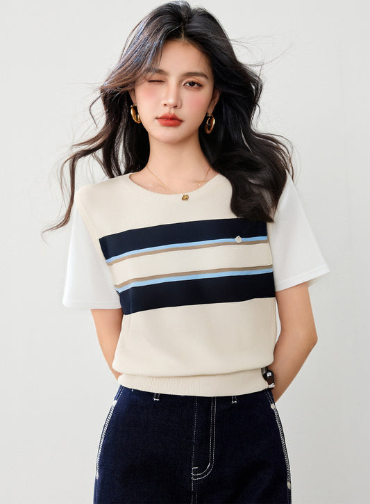 ストライプカレッジスタイルラウンドネックセーター