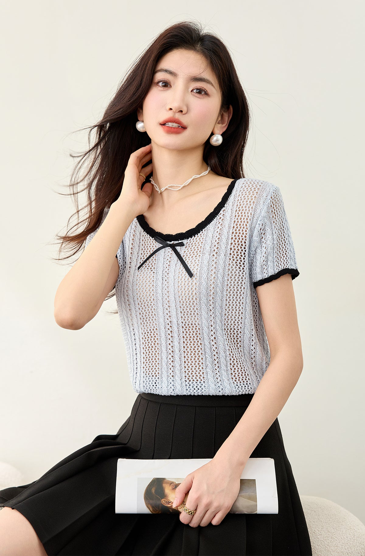 ちょう結びコントラストカラー半袖セーター