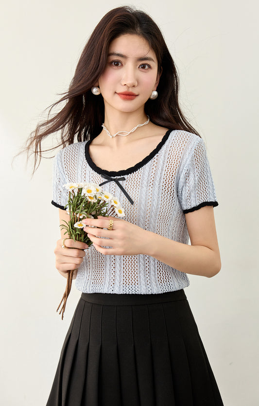 ちょう結びコントラストカラー半袖セーター