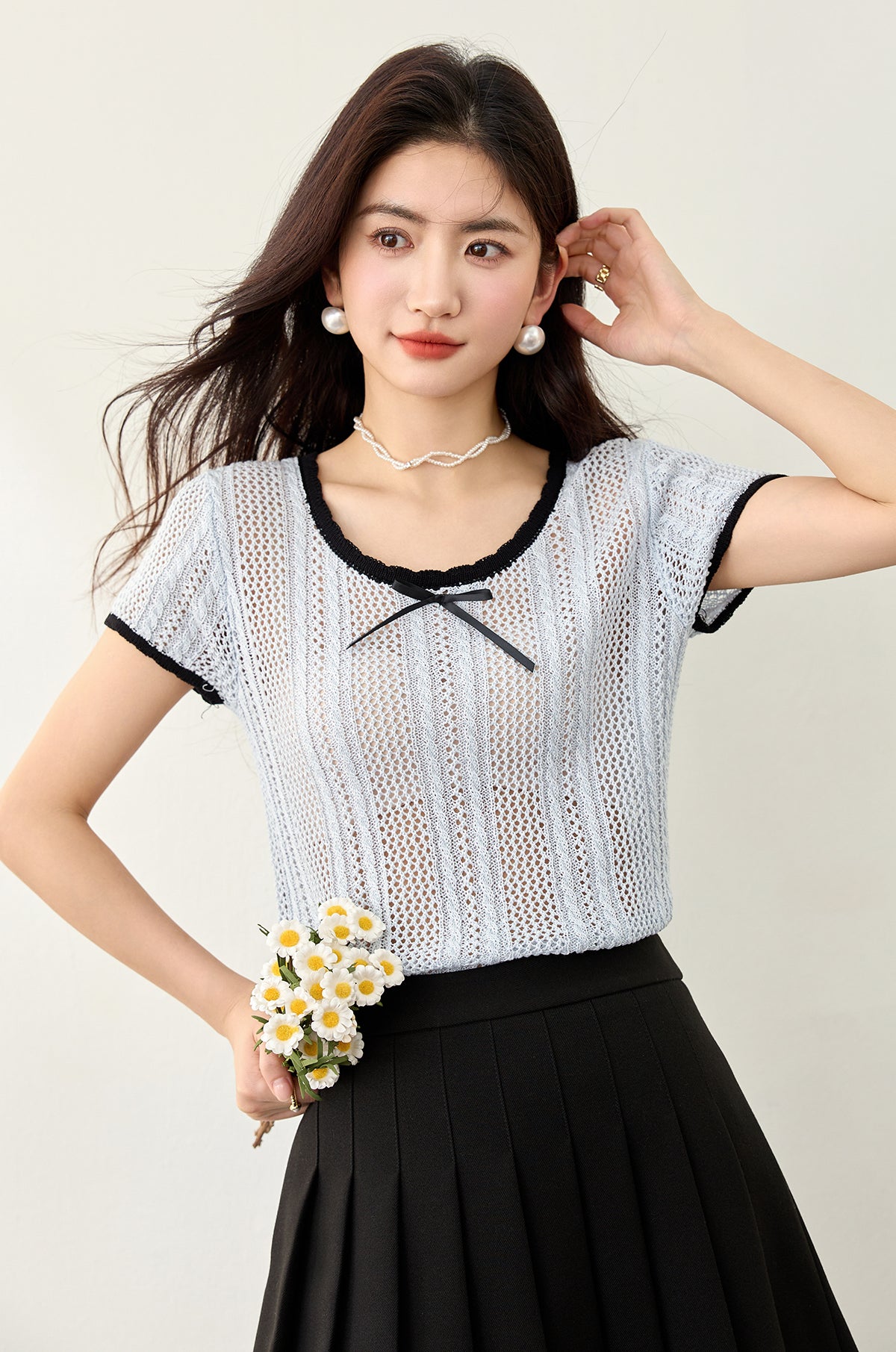 ちょう結びコントラストカラー半袖セーター