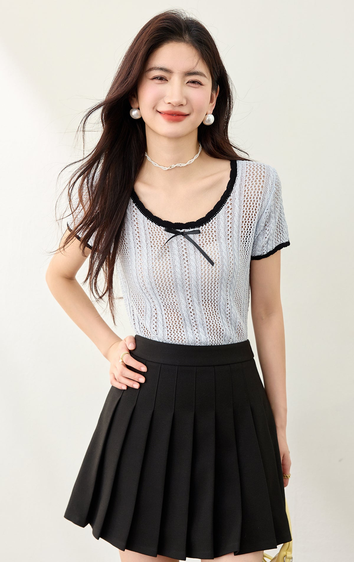 ちょう結びコントラストカラー半袖セーター