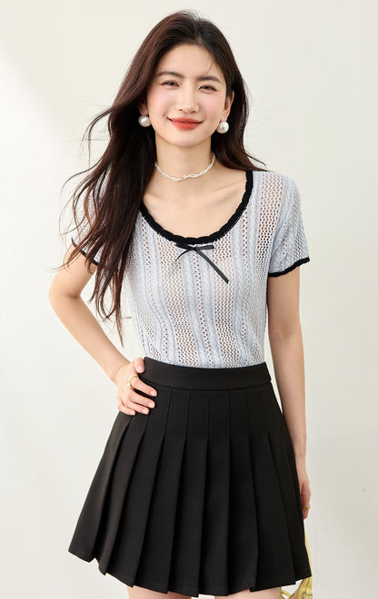 ちょう結びコントラストカラー半袖セーター