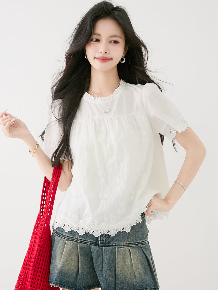 白いレースラウンドネック半袖シャツ